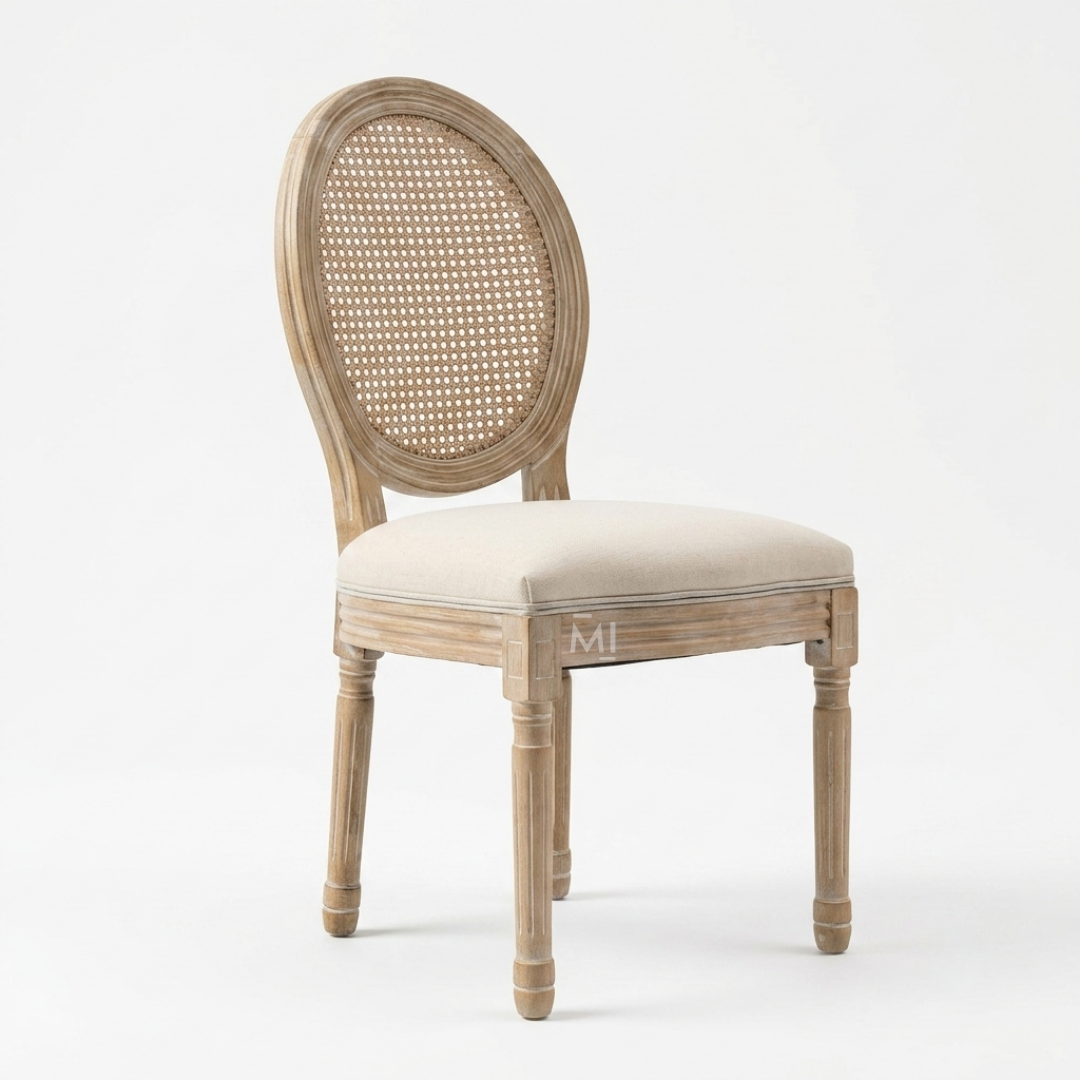 Aurelia Wood Dining Chair & Rattan Back-Rest & Off-White Seating