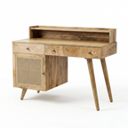 Mid-Century Modern Solid Wood Desk with Rattan Cabinet