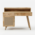 Mid-Century Modern Solid Wood Desk with Rattan Cabinet
