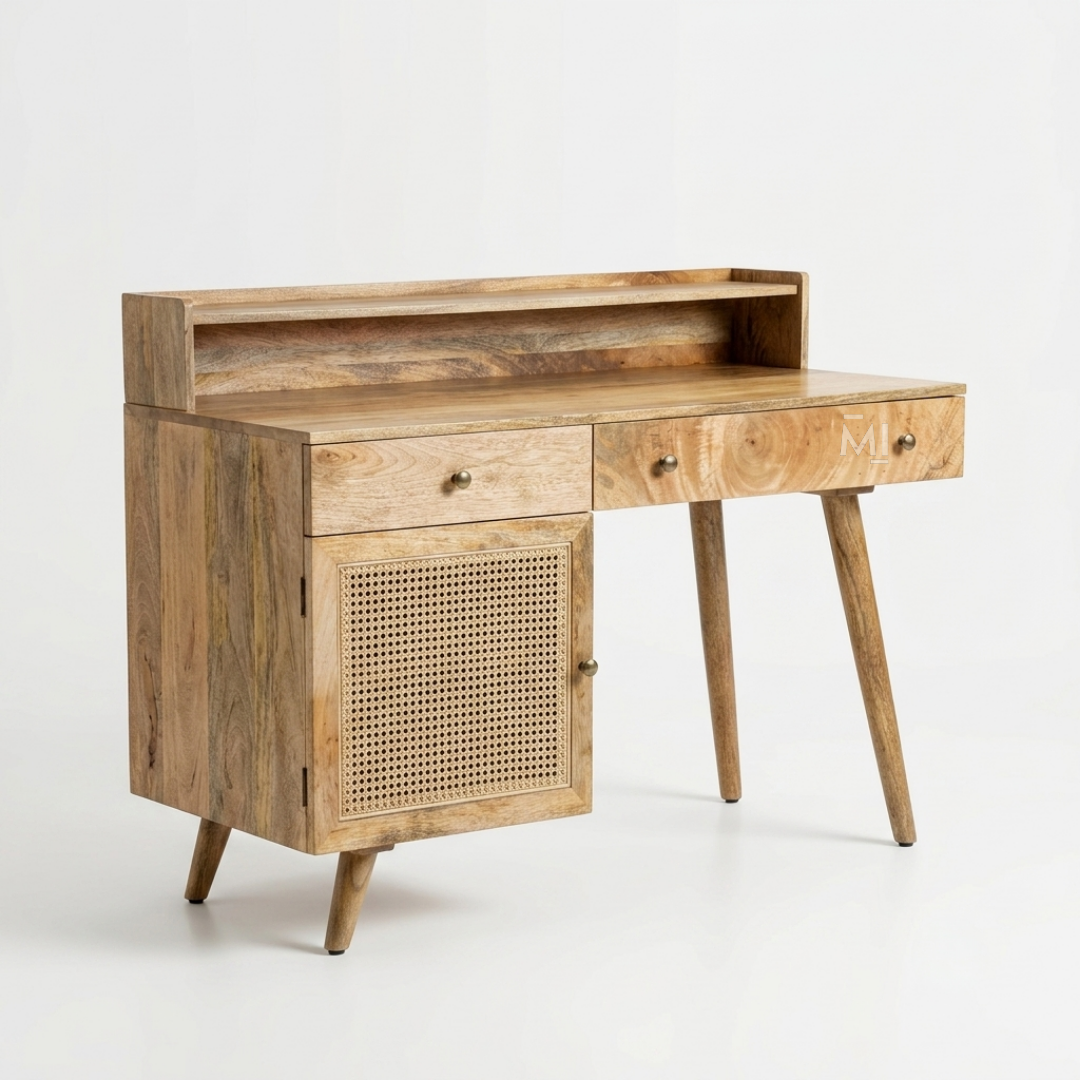 Mid-Century Modern Solid Wood Desk with Rattan Cabinet
