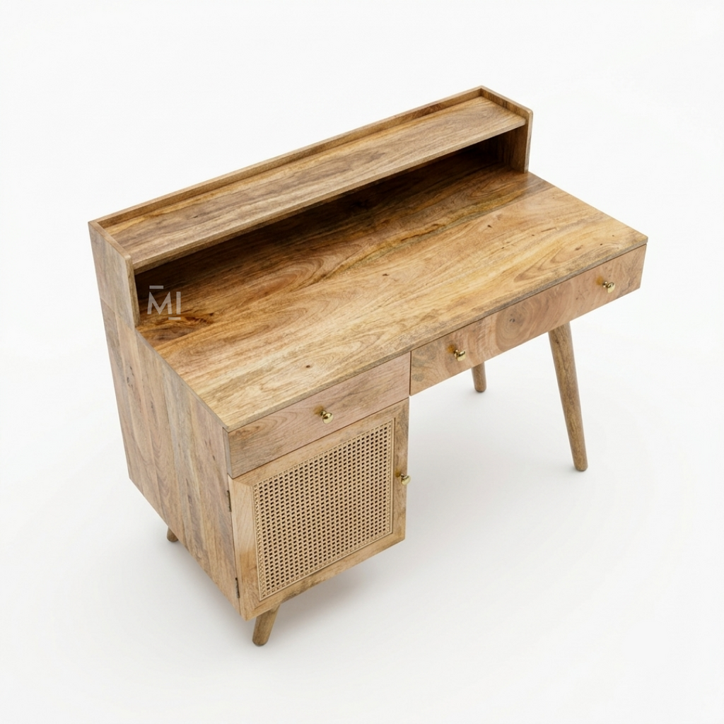 Mid-Century Modern Solid Wood Desk with Rattan Cabinet