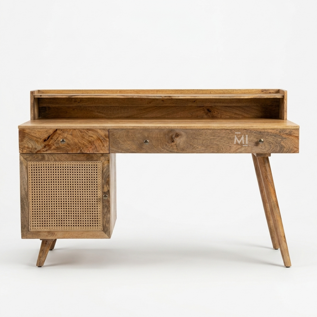 NordicCraft™ Solid Wood Study Desk with Cane Cabinet