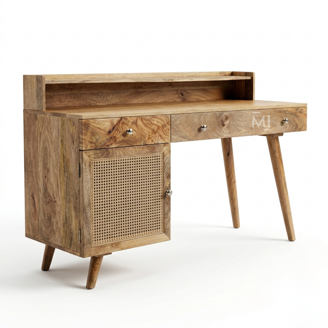 NordicCraft™ Solid Wood Study Desk with Cane Cabinet