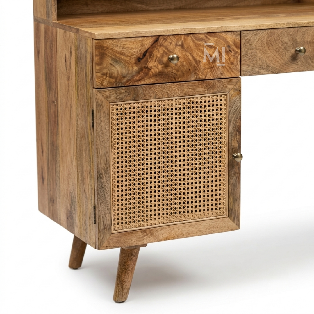 NordicCraft™ Solid Wood Study Desk with Cane Cabinet