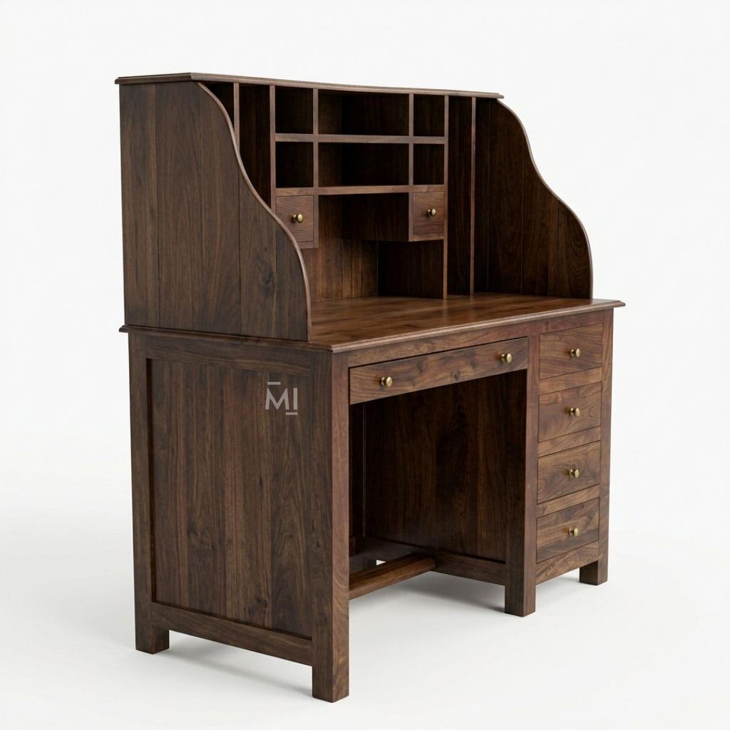 Artisan Solid Wood Study Desk with Built-In Storage Hutch & Side Drawers
