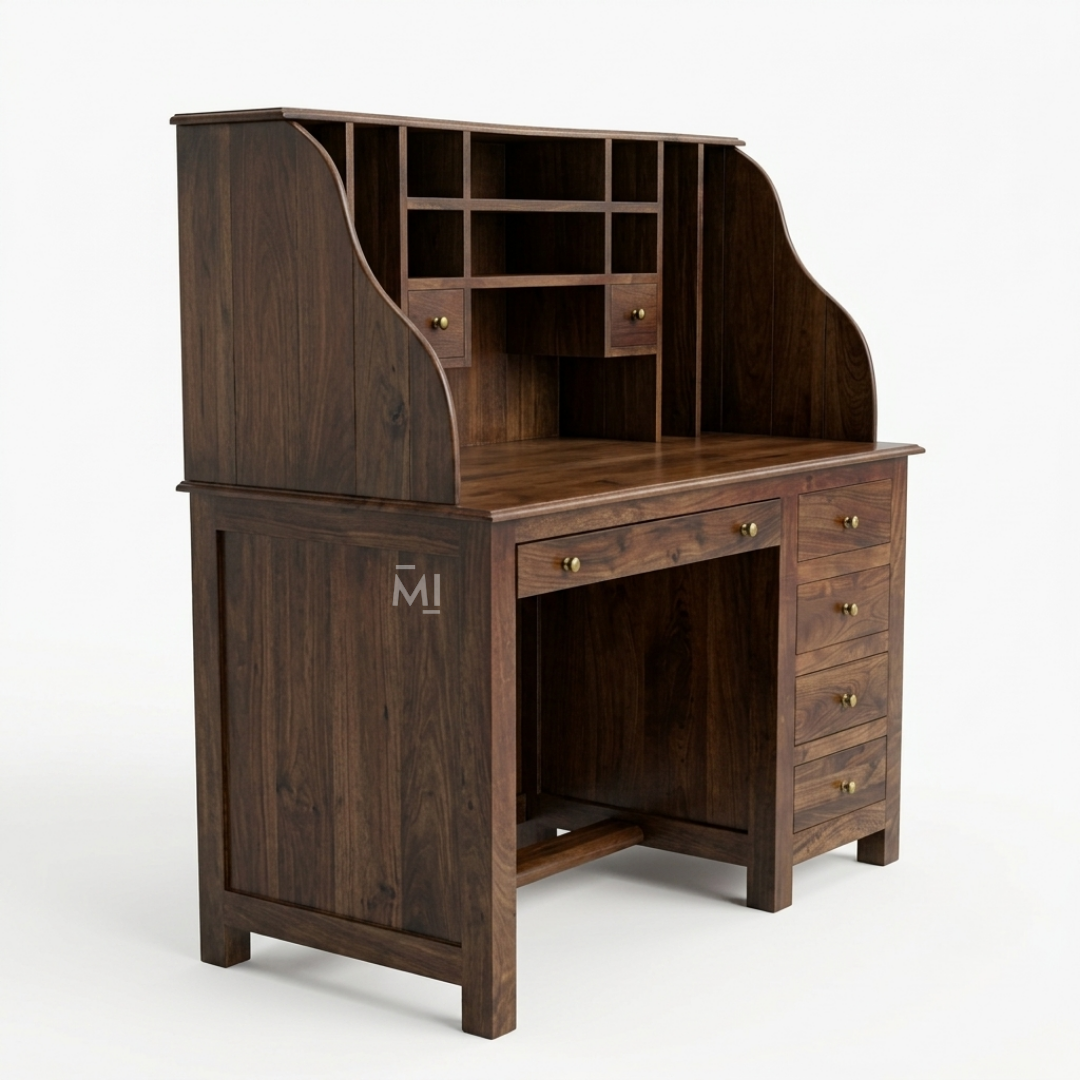 Artisan Solid Wood Study Desk with Built-In Storage Hutch & Side Drawers