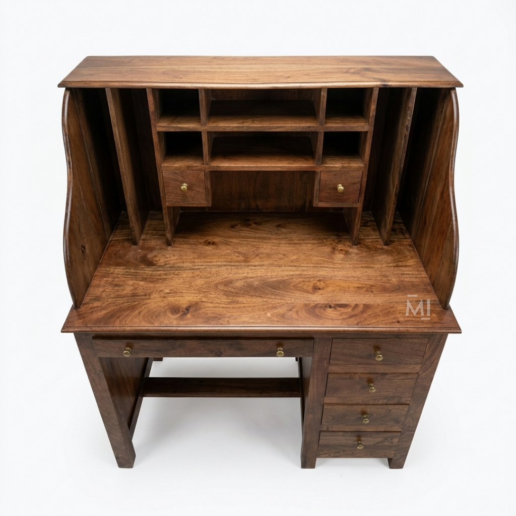 Artisan Solid Wood Study Desk with Built-In Storage Hutch & Side Drawers