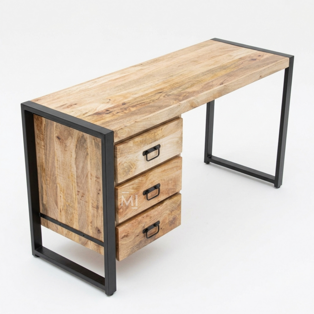 Rowan Industrial Wooden Writing Desk with 3 Drawers