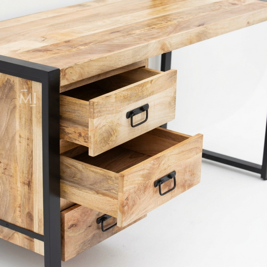 Rowan Industrial Wooden Writing Desk with 3 Drawers