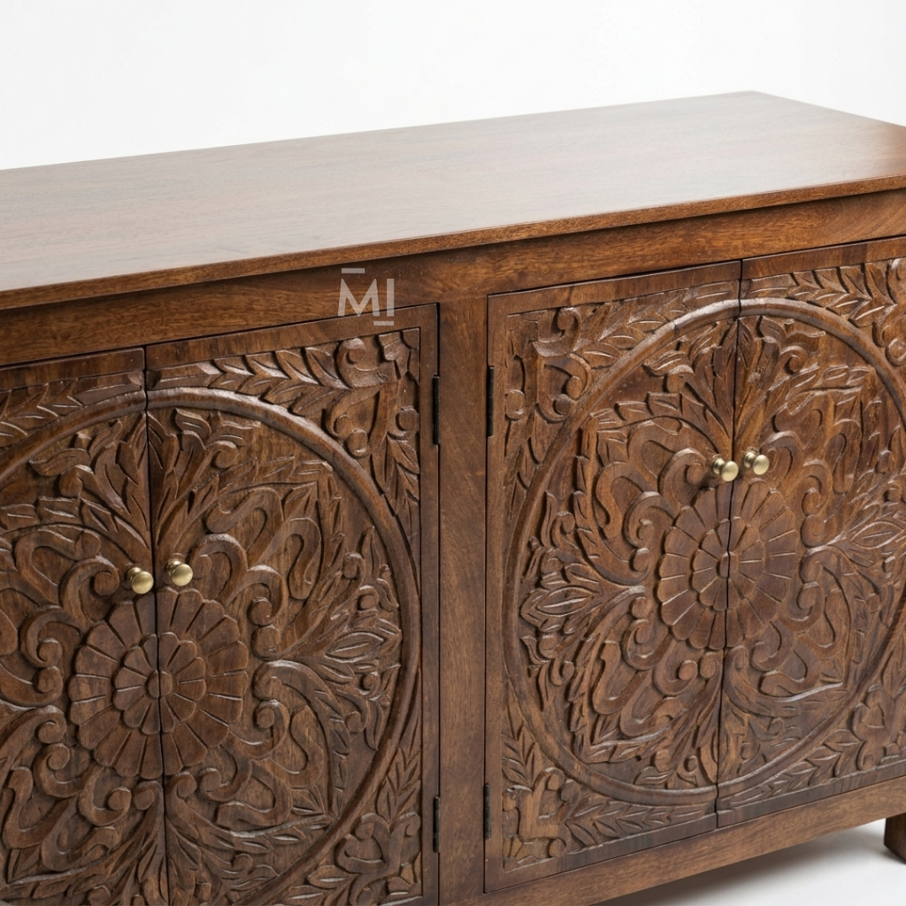 Aranya Carved Wooden Sideboard with Floral Carved Doors