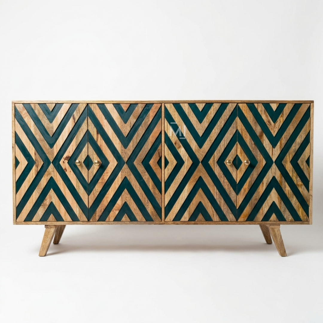 Aureo Geometric Teal Wood Sideboard Cabinet