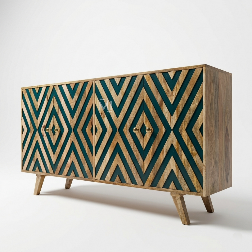 Aureo Geometric Teal Wood Sideboard Cabinet