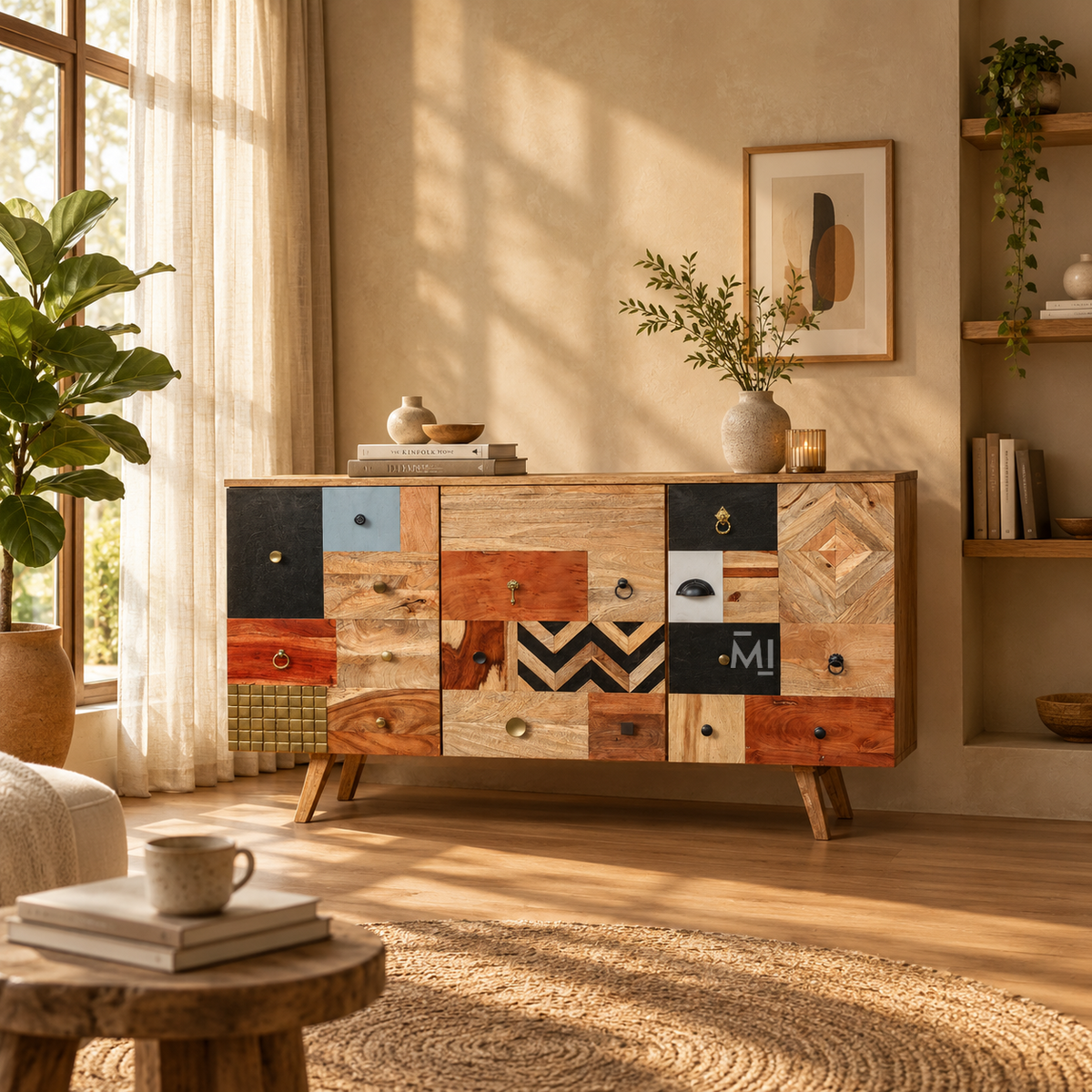 Arden Mosaic Wood Sideboard | Artistic Patchwork Storage Cabinet
