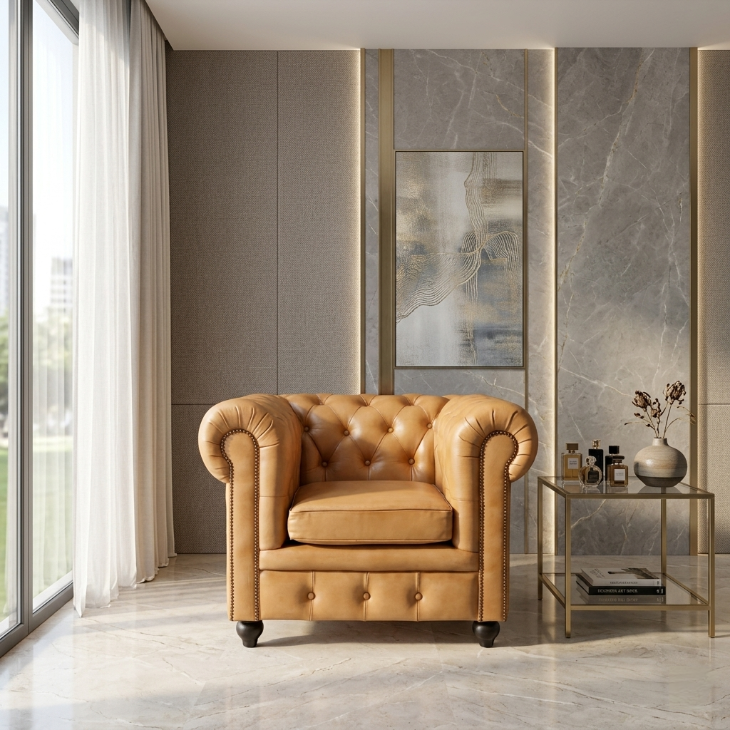 Regal Chesterfield Leather Armchair | Luxury Tan Accent Chair
