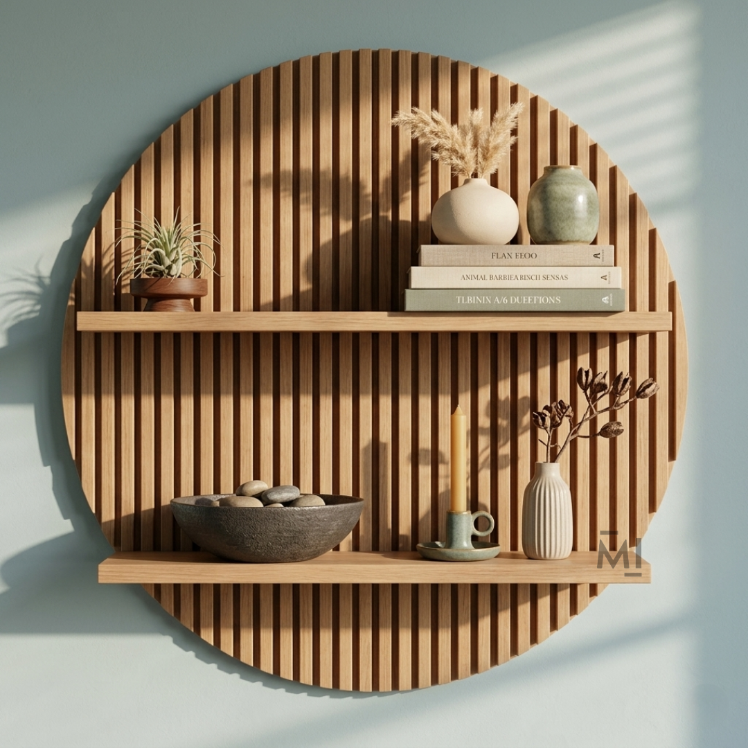 Round Slatted Wooden Wall Shelf | Modern Decorative Display Shelf
