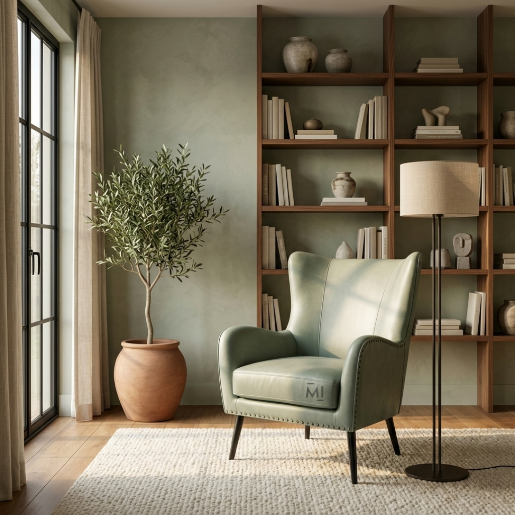 Sage green wingback accent chair in a modern living room