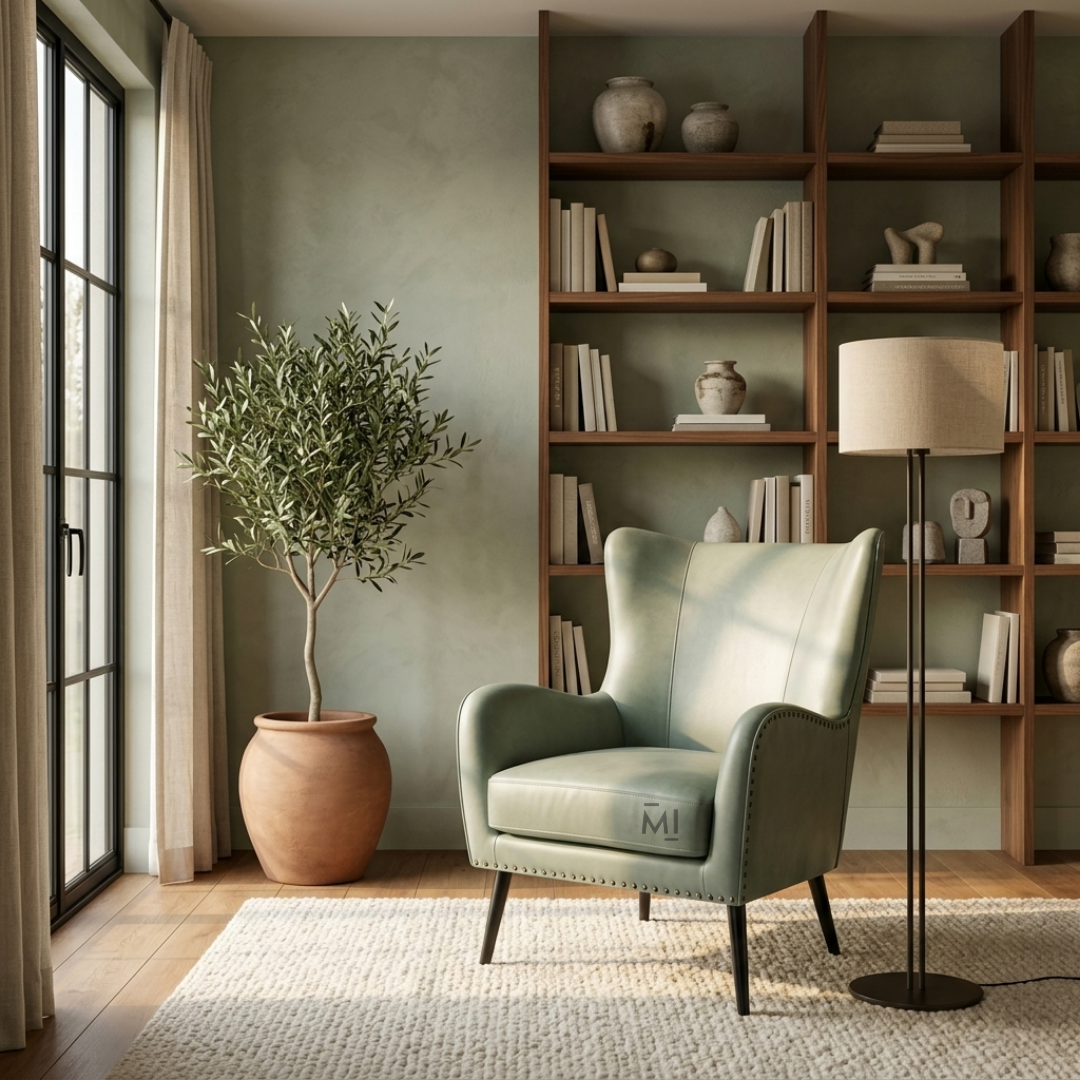 Sage green wingback accent chair in a modern living room