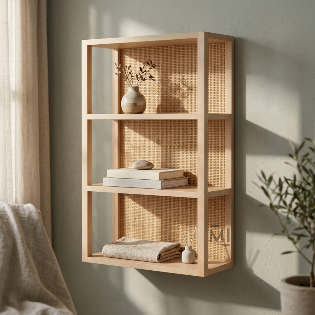 Scandinavian Cane Wall Shelf | Modern Wooden Floating Display Shelf