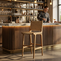 Natural woven bar chair with solid wood frame