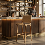 Natural woven bar chair with solid wood frame