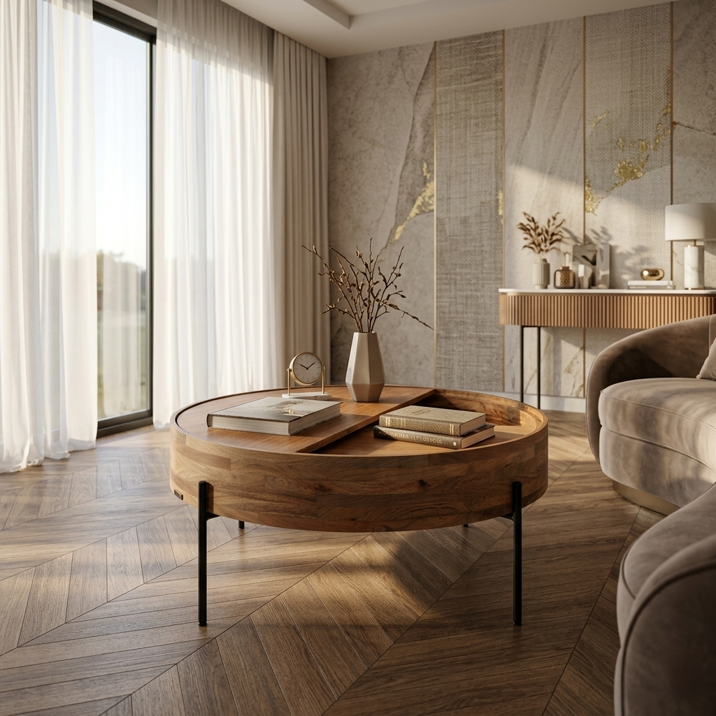 round wooden coffee table with sliding top storage