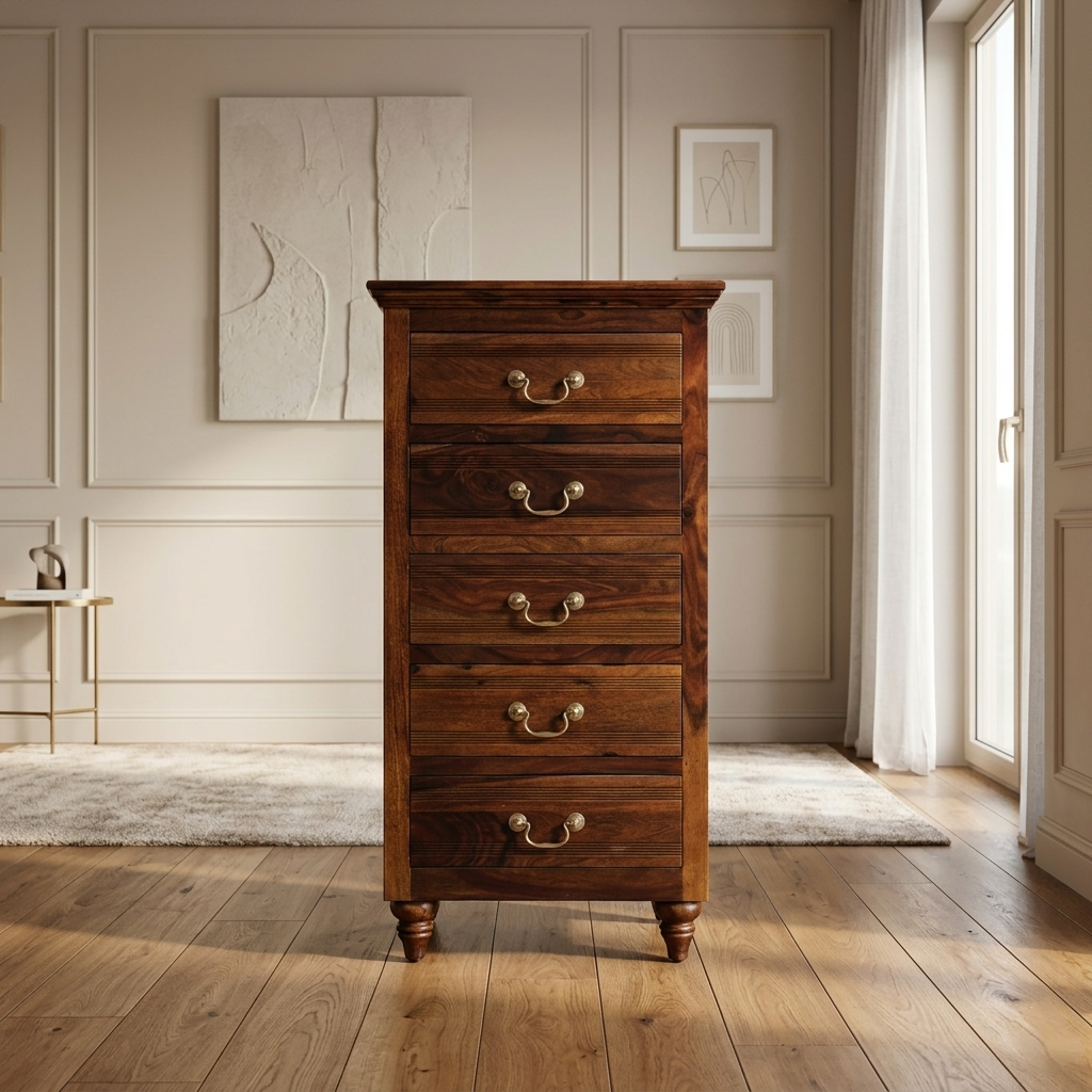 solid wood chest of drawers narrow wooden storage cabinet with 5 drawers India