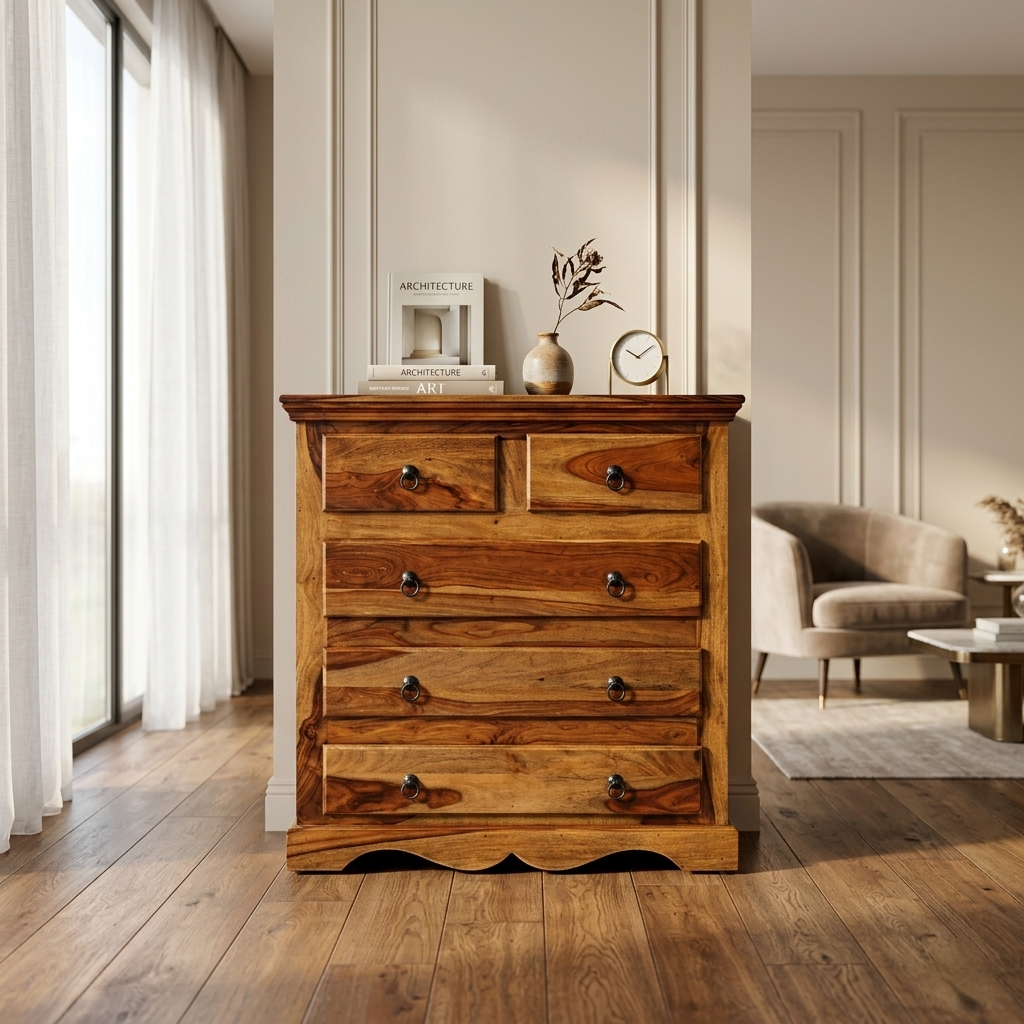 solid wood chest of drawers wide wooden storage cabinet with multiple drawers India