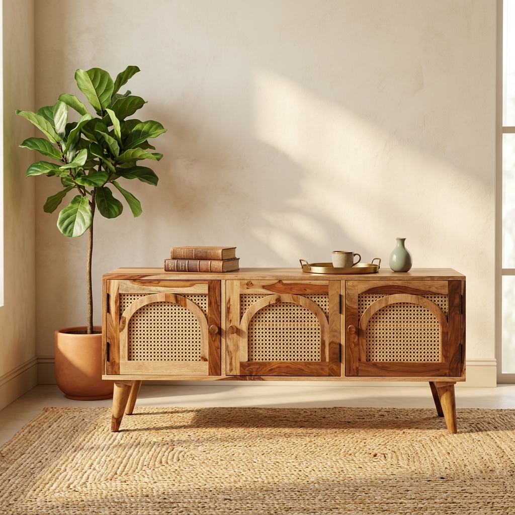 Solid Wood & Rattan Tv Unit | Boho Storage Units