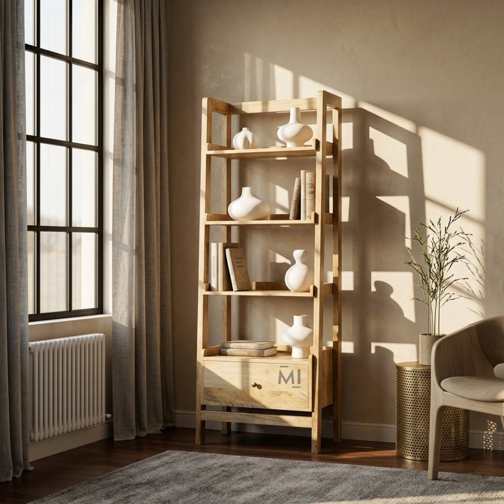 Wooden bookshelf with decorative items in a room with a window and chair.