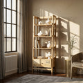 Wooden bookshelf with decorative items in a room with a window and chair.