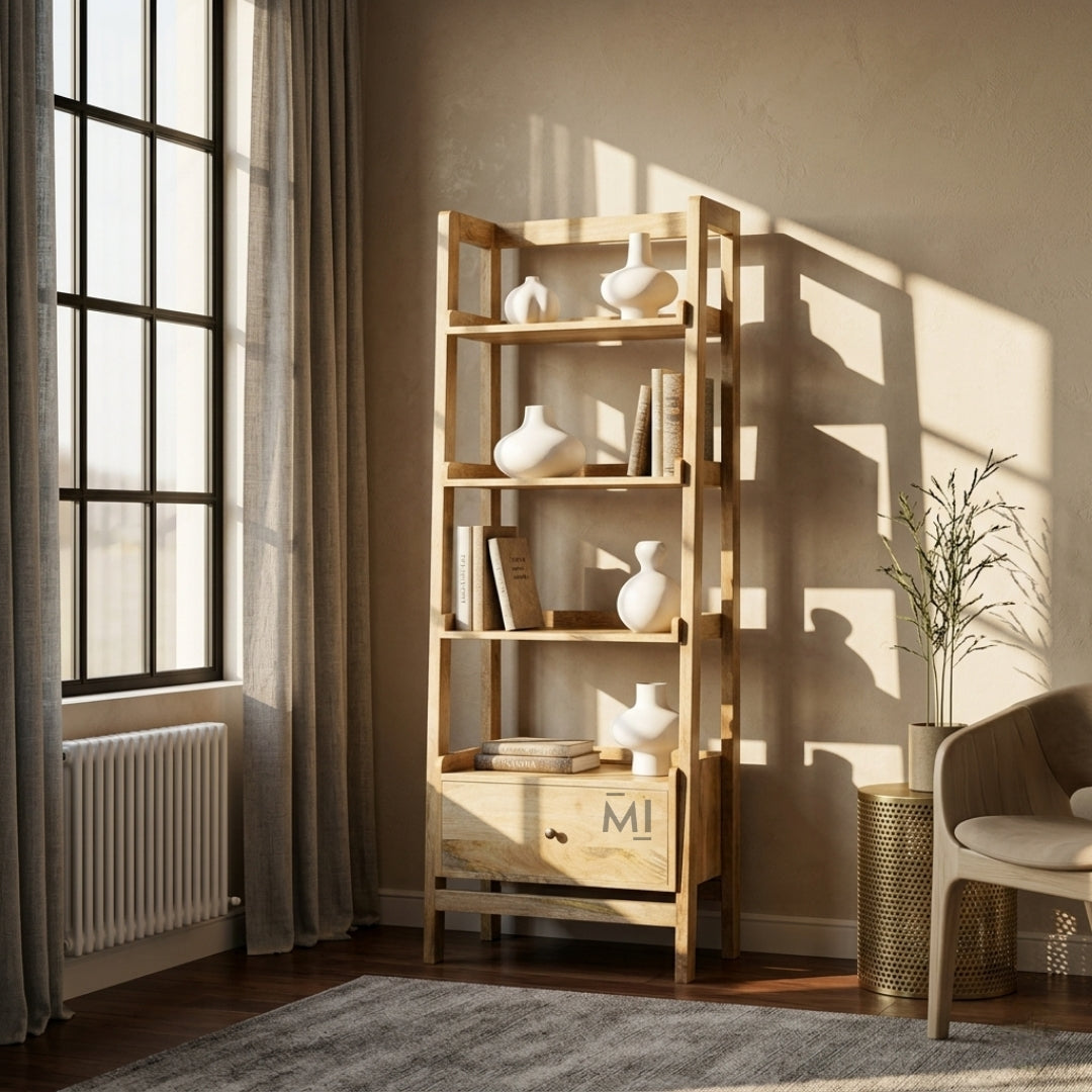 Wooden bookshelf with decorative items in a room with a window and chair.