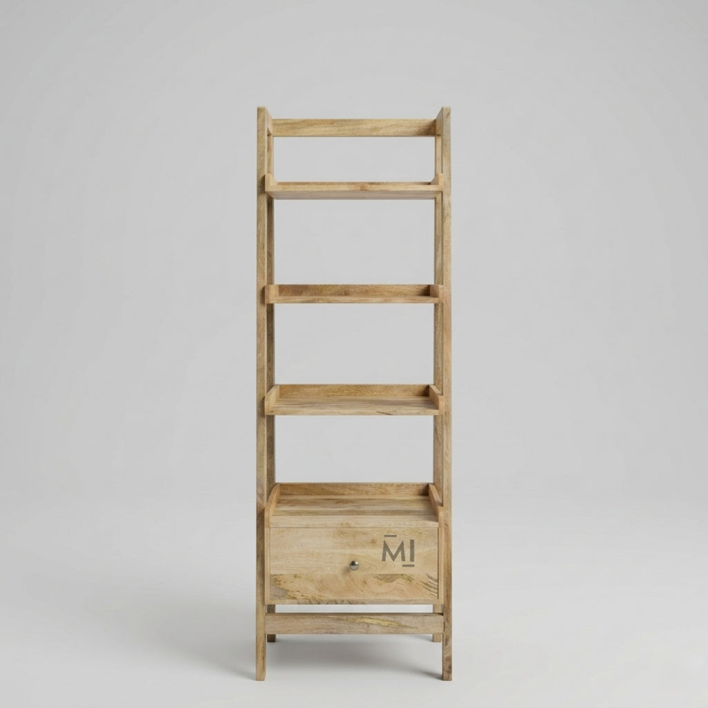 Wooden bookshelf with a drawer on a gray background