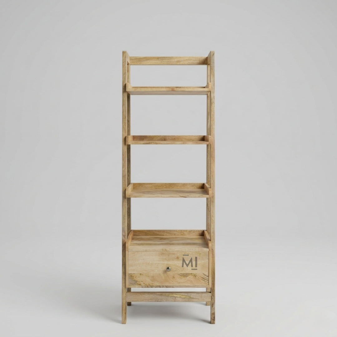 Wooden bookshelf with a drawer on a gray background