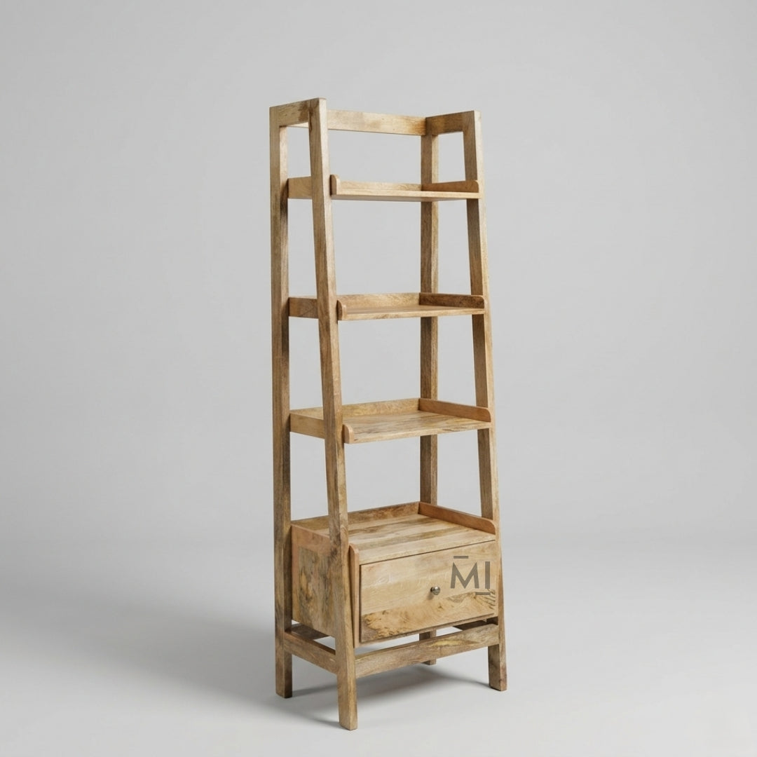 Wooden bookshelf with a drawer on a gray background