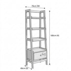 Measurement chart of a four-tiered metal shelf with dimensions labeled.