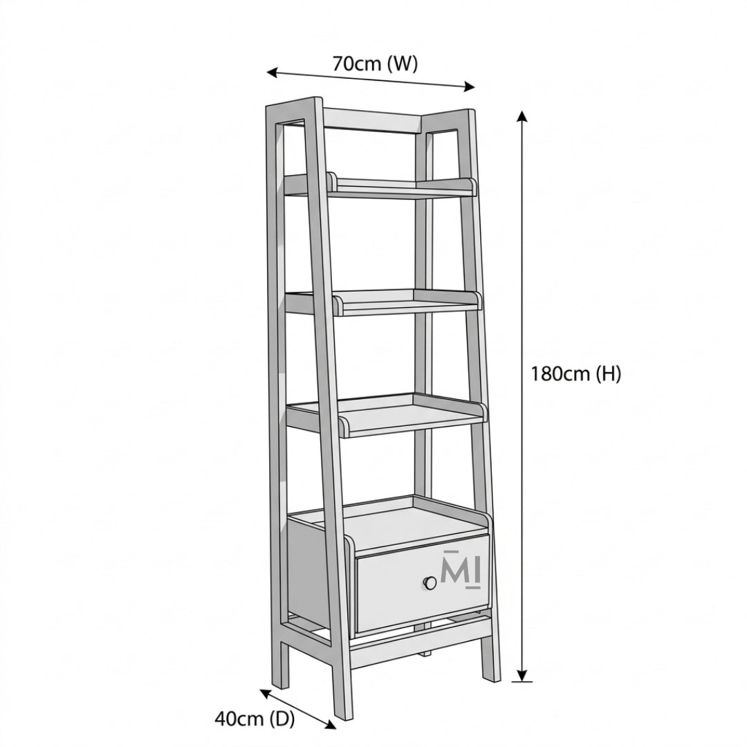 Measurement chart of a four-tiered metal shelf with dimensions labeled.