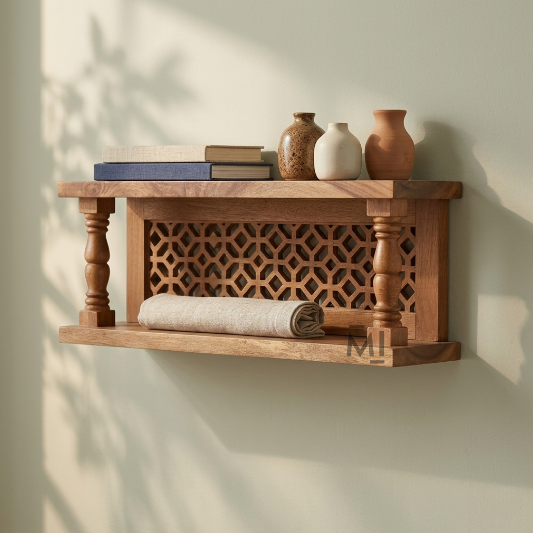 Traditional Wooden Wall Shelf | Decorative Carved Floating Display Shelf