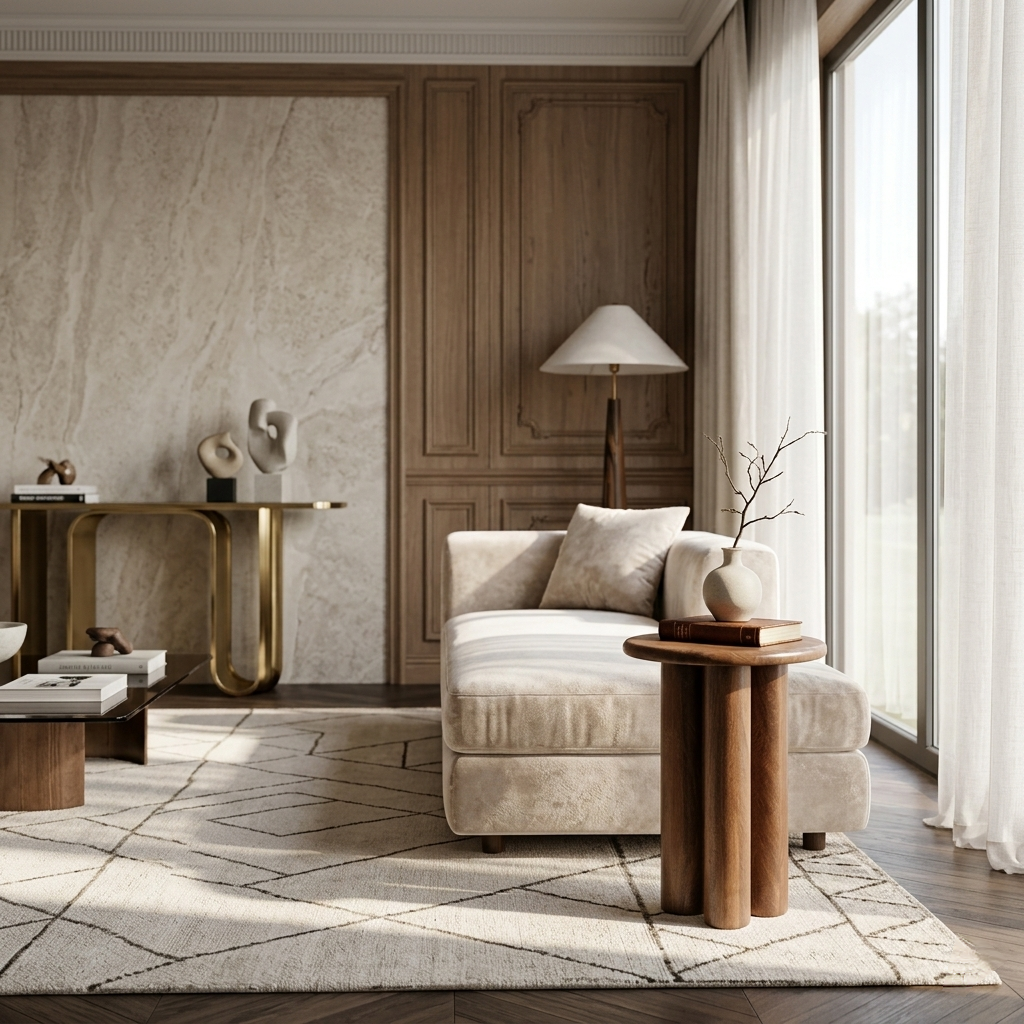 Modern living room with a beige armchair, wooden side table, and marble wall.