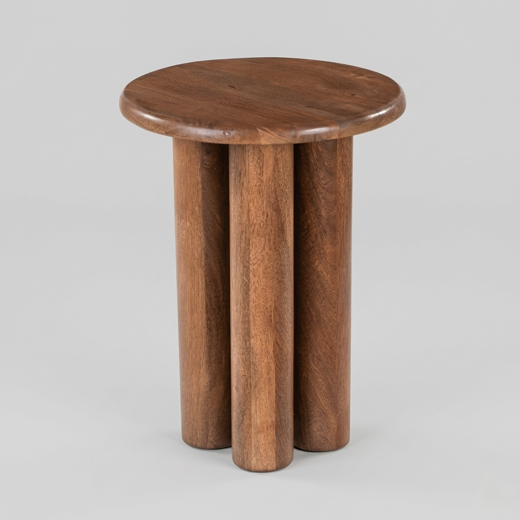 Wooden side table with four cylindrical legs on a gray background