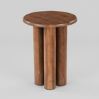 Wooden side table with four cylindrical legs on a gray background