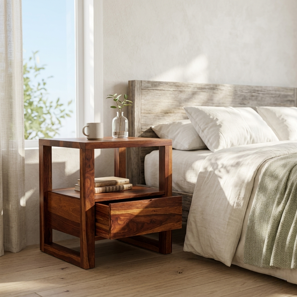 UrbanEdge Solid Wood Bedside Table | Modern Nightstand with Drawer & Shelf