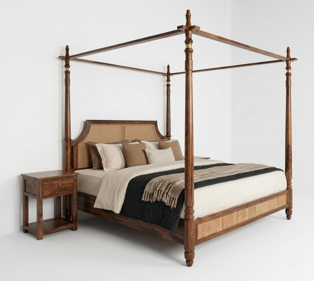 wooden poster bed with cane woven panel luxury bedroom furniture in Jodhpur India