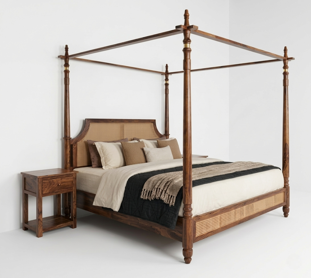 wooden poster bed with cane woven panel luxury bedroom furniture in Jodhpur India