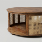 Wooden coffee table with woven cane sides on a light gray background