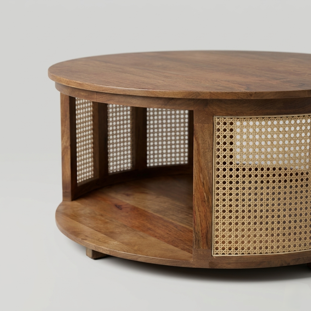 Wooden coffee table with woven cane sides on a light gray background