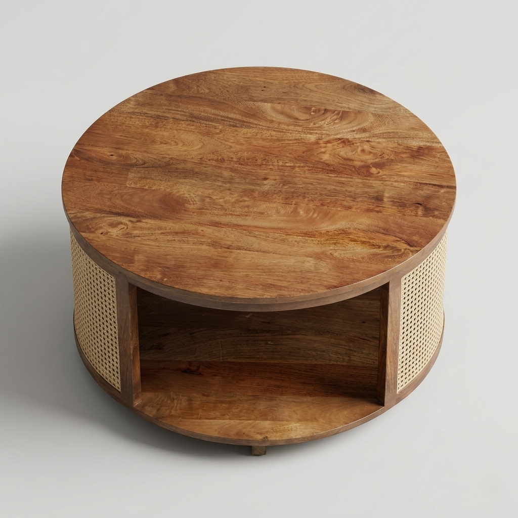 Round wooden side table with wicker accents on a light gray background