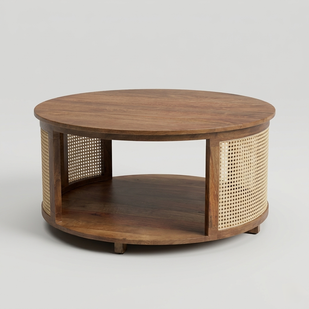 Velmora Round Cane Coffee Table with Storage Shelf | Wooden Center Table