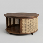 modern cane coffee table with round shape and storage shelf for living room