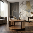 round wooden coffee table with cane panels and open shelf storage design