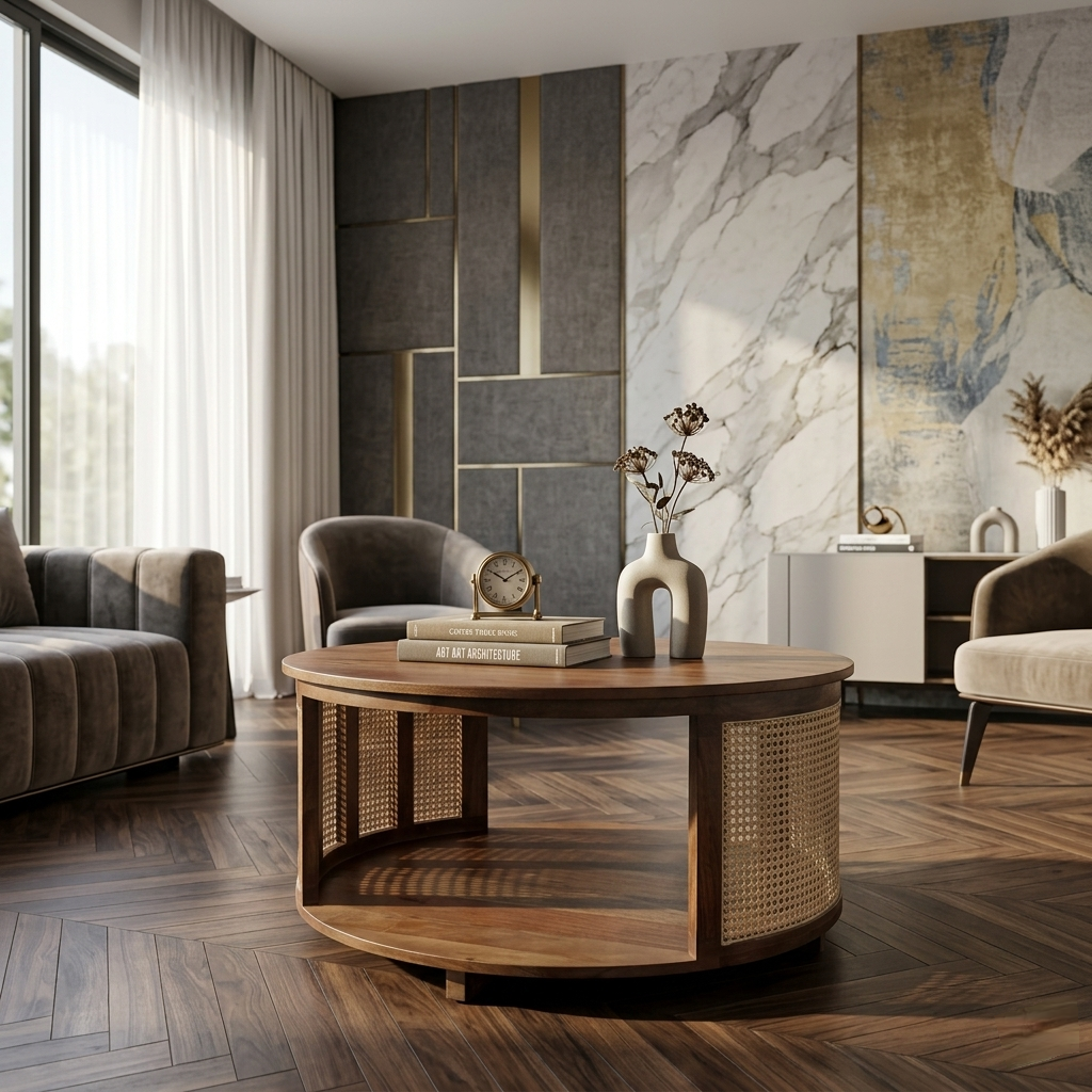round wooden coffee table with cane panels and open shelf storage design